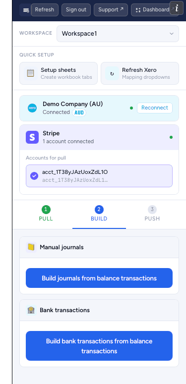 Silkview Connect task pane — Build tab with manual journals and bank transactions