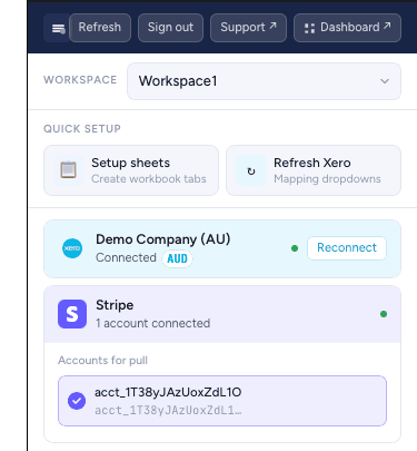 Silkview Connect task pane — Xero and Stripe connections