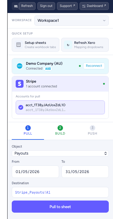 Silkview Connect task pane — Pull tab with Payouts selected
