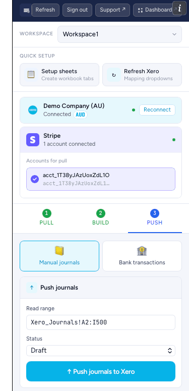 Silkview Connect task pane — Push tab with Manual journals selected